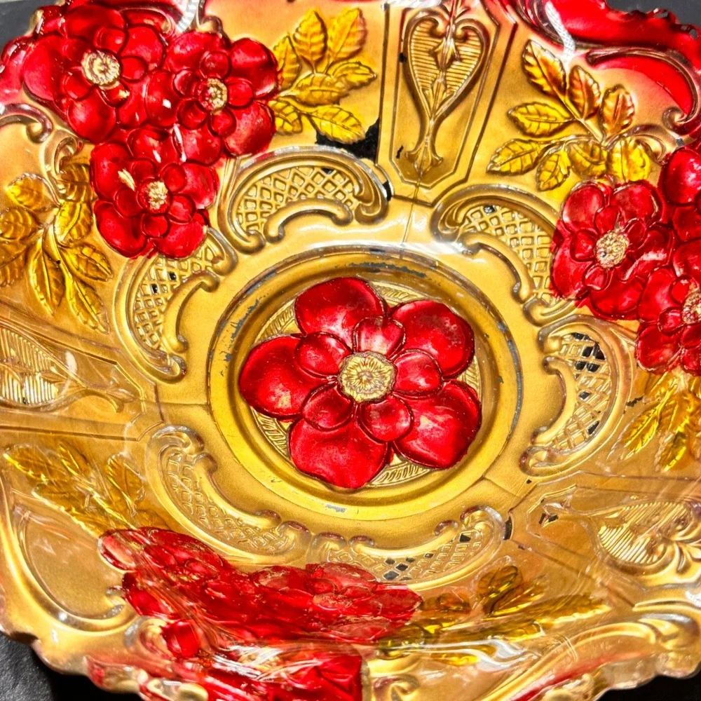 Vintage Goofus Glass Embossed Gold Flower Candy Dish Trinket Bowl‎ Red Accent